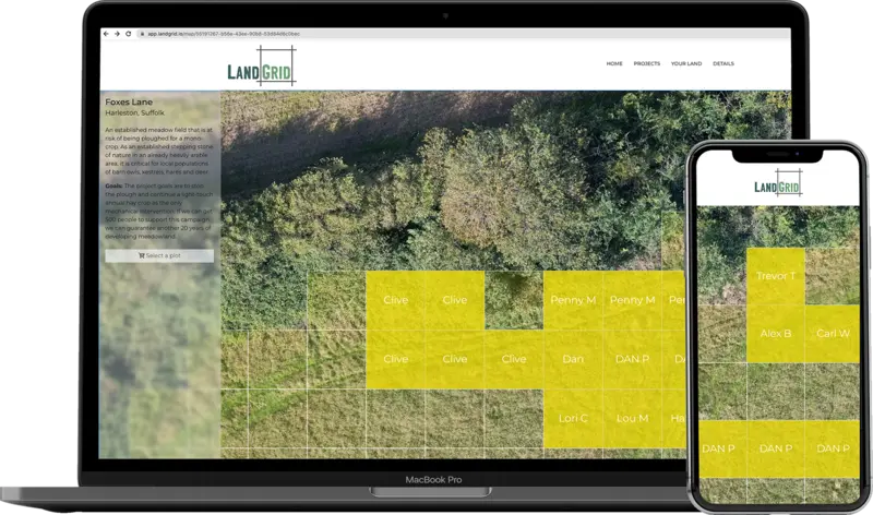 A Landgrid project map on a laptop and phone, with sold squares highlighted in yellow